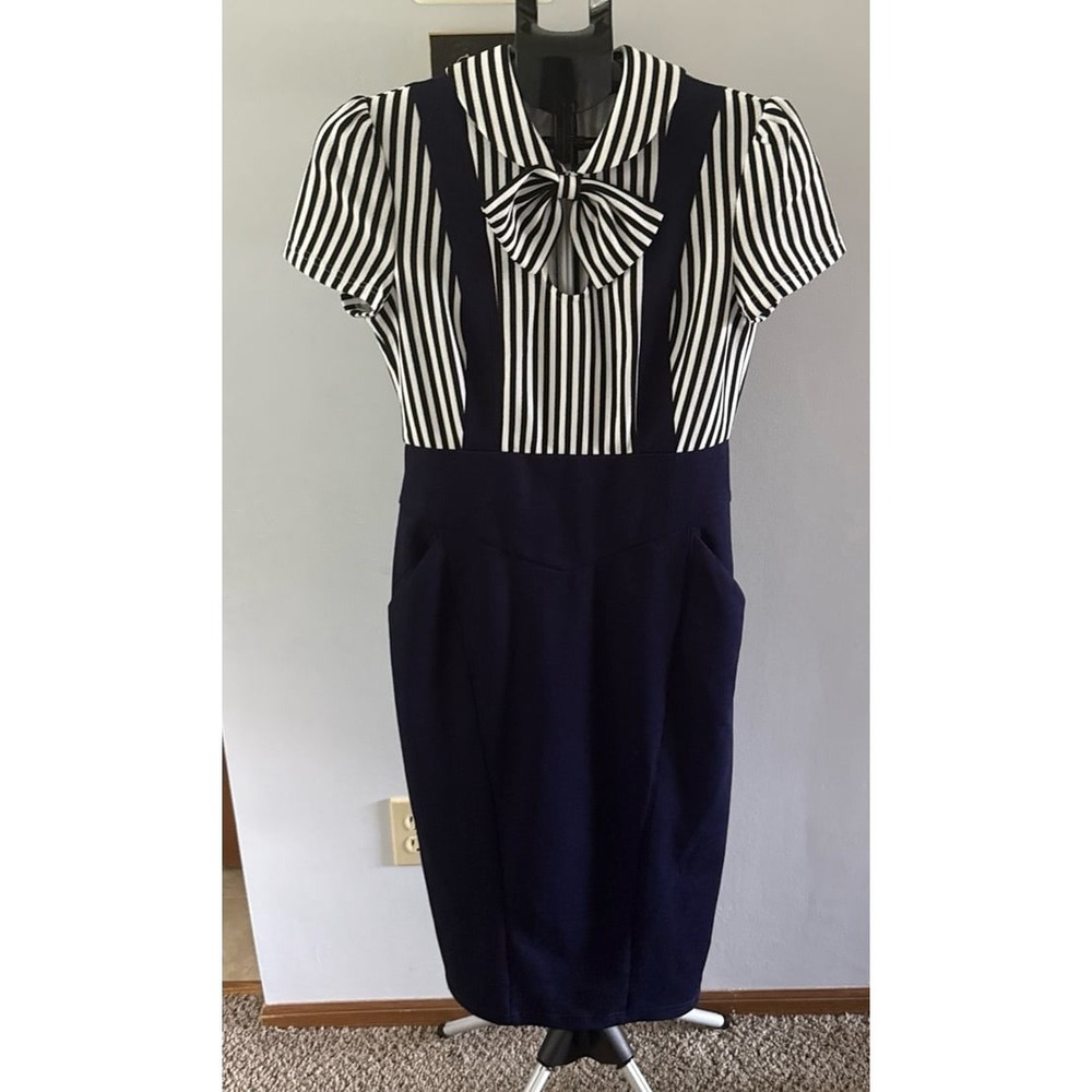 VFemage Women's black white strip navy blue vintage-style‎ sailor dress Size 12